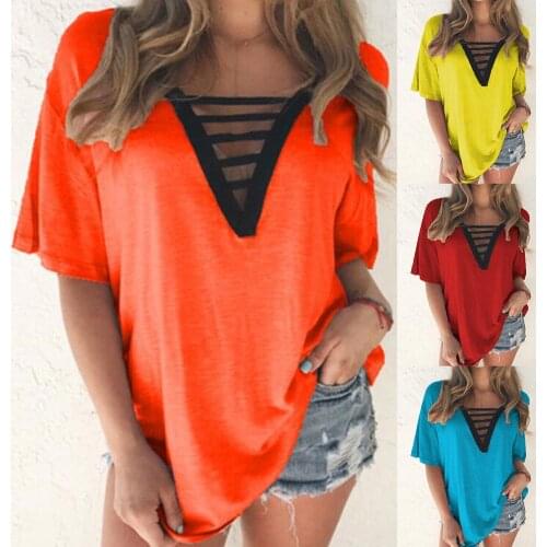 S-5XL Casual Women Hollow Out V Neck Short Sleeve Loose Blouse Tee Top Summer Shirt