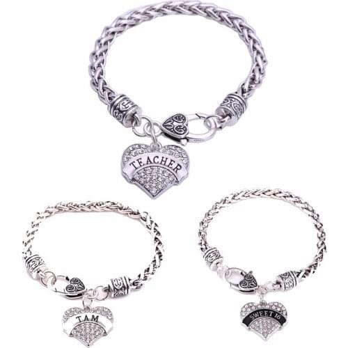 Heart Crystal TEACHER/ SWEET 16 /TAM Jewelry Bangle Family Sis Love Girl Gifts Charm