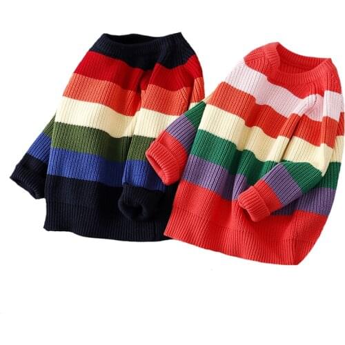 1-7Yrs Baby Boys Girls Stripe Knitted Tops Sweater Pullover Outfits Baby Boy Winter Thick Knitted Clothes Girls Rainbow Sweaters
