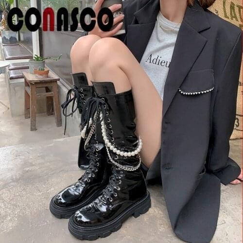 CONASCO 2021 Women Knee High Boots Autumn Winter Warm Cow Leather Prom Shoes Metal Decoration Pearls Chians Woman Boots