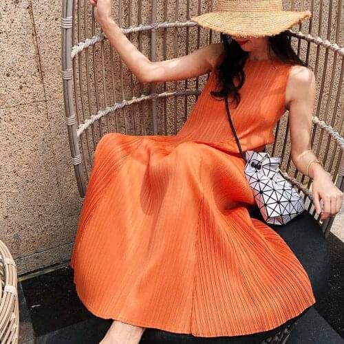 Miyake Pleated Round collar sleeveless summer dress woman 2020 causal aesthetic clothes Korean fashion elegant omighty dress