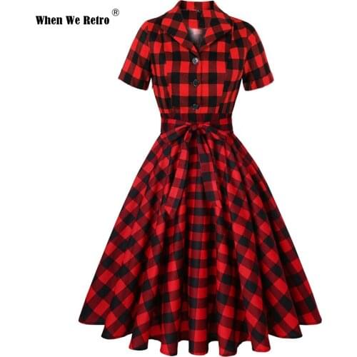 Retro Women Short Sleeve S-4XL Plus Size Cotton Vintage Plaid Dress SD0002 Checkerboard Black Red Vintage Autumn Dress Robes