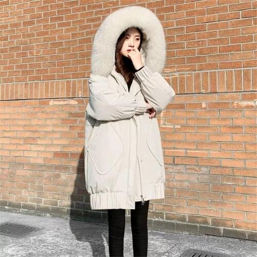 Winter Warm Long Loose Hooded Cotton Parkas Overcoat Womens Elegant Padded Faux Fur Collar Coats Female Parka Jackets Outwear