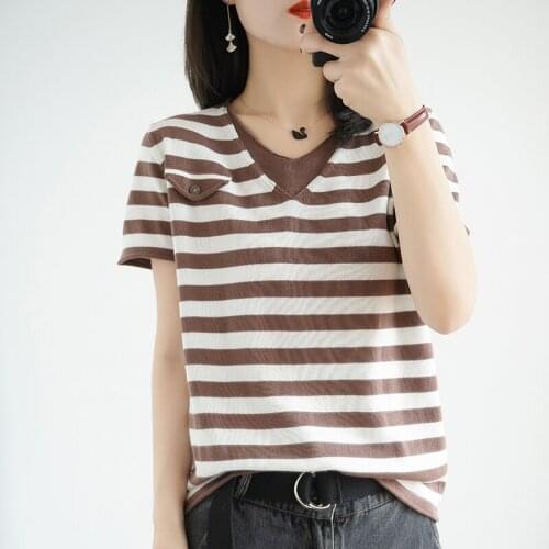 Zocept Summer Cotton Knitted Tops Tees Women Casual V-Neck Contrast Strip Pullover T Shirts For Female Thin Loose Short Sleeve
