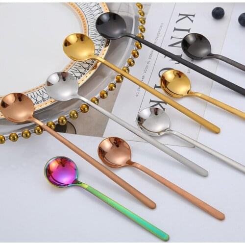 1 pcs Stainless Dessert Spoon Long Handle Korean Dinnerware Set Coffee Spoon Food Grade Stainless Ice Cream Candy Tea Spoons Set