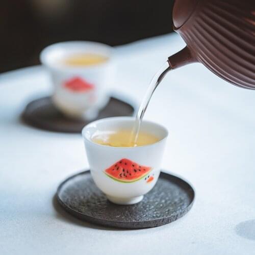 White Hand-painted Tea Cup Ceramic Thin Handmade Small Master Personal Cup Daily Use Tea Set Watermelon style pattern 40ML