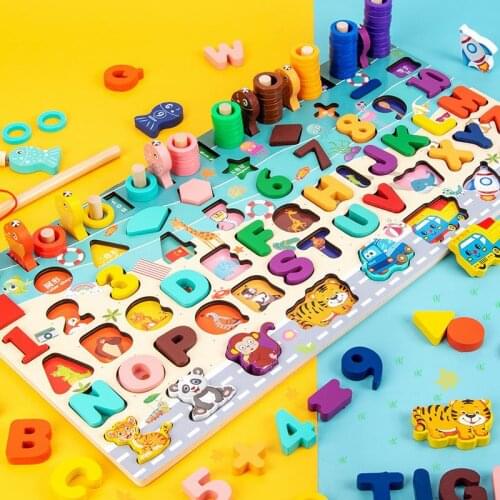 Children Wooden Montessori Puzzle Toy Infant Cognitive Alphanumeric Shape Toddler Jigsaw Puzzle Fishing Block Busyboard Toy