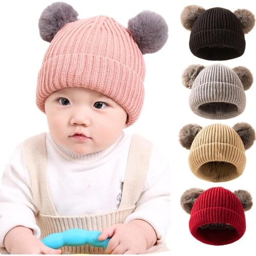Toddler Baby Winter Double Pompoms Soft Warm Knitted Cap Hat Elastic Beanie