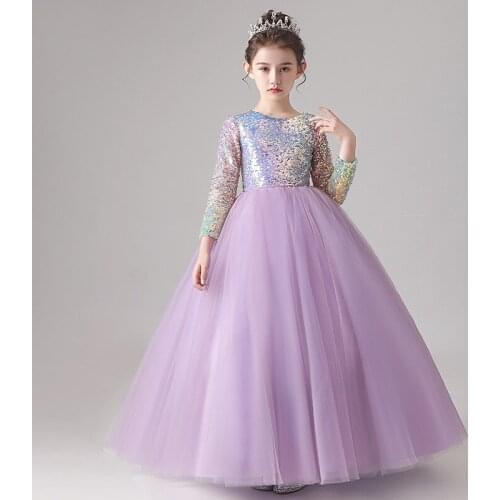 Flower Girl Dresses Princess Luxury Purple Sequined Floor-Length O-Neck Elegant Full Tulle Lace Ball Gown Kids Party Skirt H041