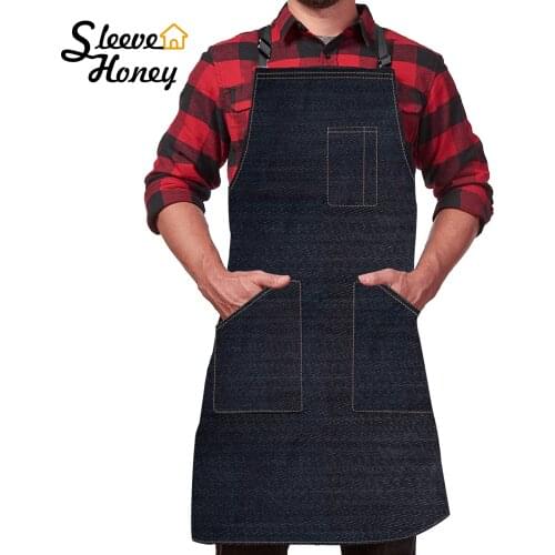 Kitchen Denim Apron Men Women Apron With Pocket Chefs Cooking Adjustable Baking Black Blue Simple Uniform Water Proof Dropship
