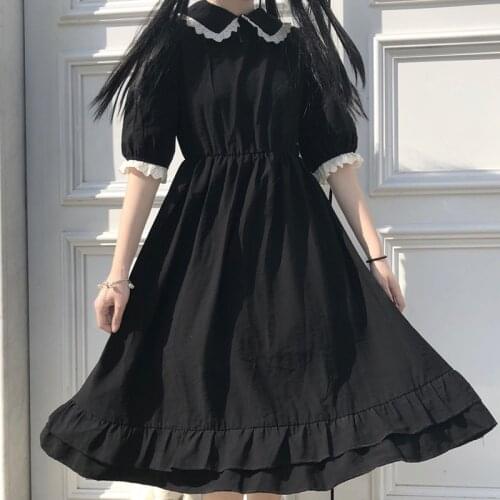 Sweet Student Dress Women Japanese Kawaii College Style 2021 New Short Sleeve Lace Ruffles Dress Vestidos Mori Girl Black Dress
