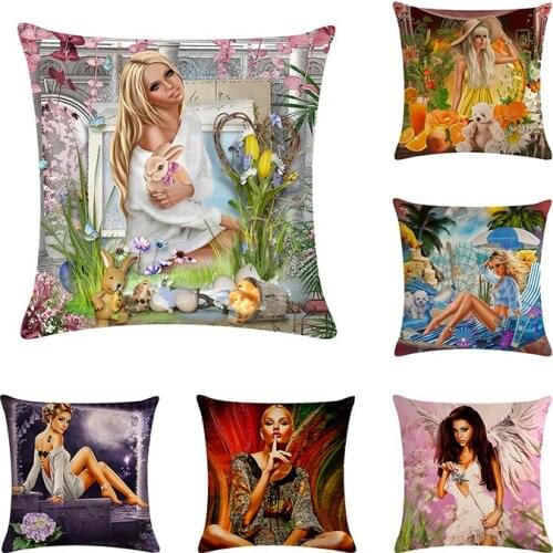 Cushion Cover Beautiful Girl Flower Pillow Case Cotton Linen Cushion Cover 45*45cm Sofa Home Decorative Throw Pillow ZY331