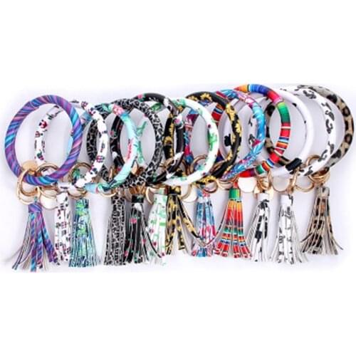 ZG New Fashion Multiful Tassel Keychain Enamel PU Leather O Key Chain Monogram Circle Wristlet Keychain For Women Girls
