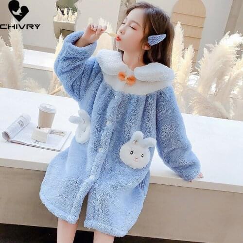 New Kids Cute Rabbit Flannel Pajamas Robe Autumn Winter Girls Thicken Bathrobe Baby Bath Robes Long Sleeve Towel Robe Home Wear