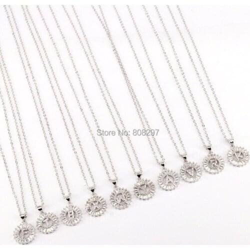 10Pcs Dark Silver Color Copper round shape mirco pave cz charm 26 Alphabet Letter Pendant necklace For Women