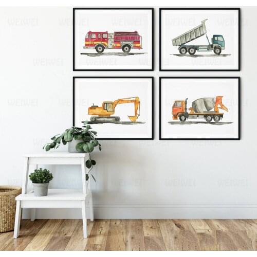 Construction Vehicle Watercolor Boys Wall Art Canvas Painting Pictures Dump Truck Excavator Posters And Prints Kids Room Decor