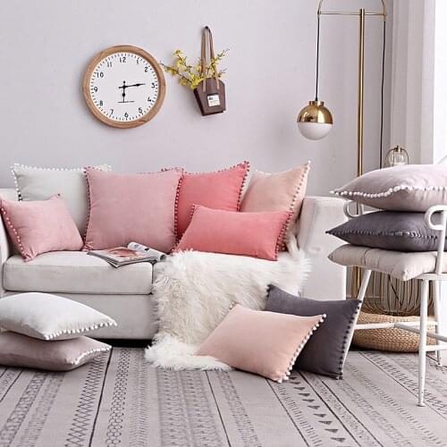 Pink Grey Blue Yellow soft Cushion Cover with Pompom Ball Solid Home Decorative Pillow Cover Lumber Pillow Case 50X50CM/35x50cm