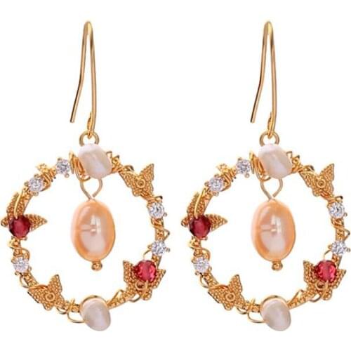 Natural Freshwater Pearl Circle Earring Boho Vintage Women Round Crystal Zircon Drop Dangle Hook Earrings Jewelry Party Gifts