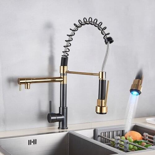 LED Black Bronze Spring Kitchen Faucet Pull Out Sprayer Chrome Dual Spout Single Handle Mixer Tap 360 Rotation Kitchen Faucets