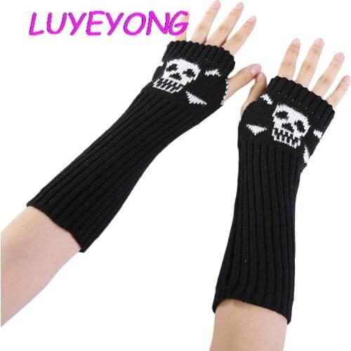 Unisex Stretch Dark Ninja Cool Elbow Length Winter Arm Warmer Hipster Black Long Mittens Women Gothic Knitted Skull Gloves 2021