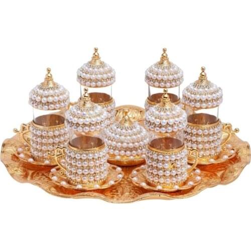 Pearl Stone Coated Unique Gold Tea Glasses Set, Arabic Tea Set, Arabic Tea Glasses