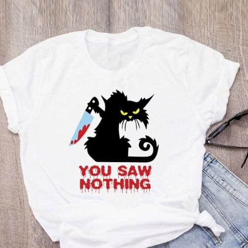 Cat What funny T-Shirt Women Vintage Graphic Cat With Knife Womens tshirt Halloween streetwear t shirt ladies clothes