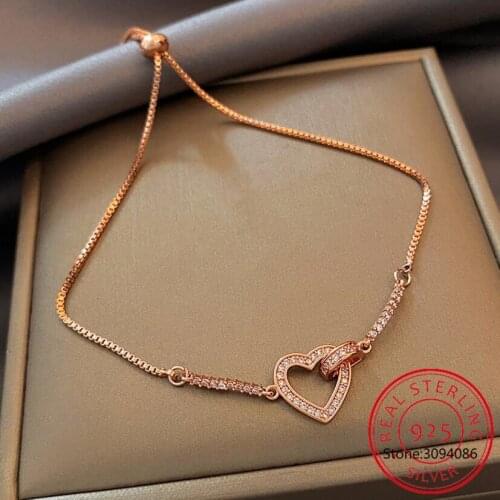 Shiny Crystal 925 Sterling Silver Heart Bracelets & Bangles for Women Zircon Tennis Adjustable Bracelet Ladies Party Jewelry