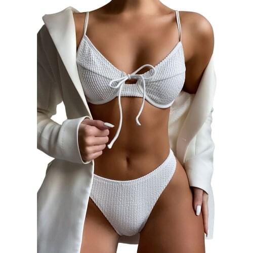 Women Split Swimsuit Set 2021 New Solid Color V-neck Tie-up Padded Bikini + Elastic Waist Panties for Summer Beach Sportswear