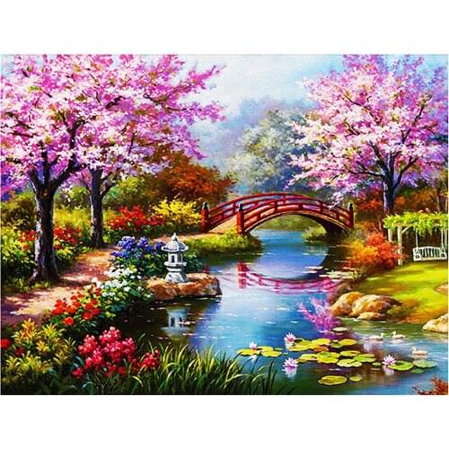 Diy 5d diamond embroidery cherry blossom park scenery diamond painting sale full rhinestone square/round drill mosaic art
