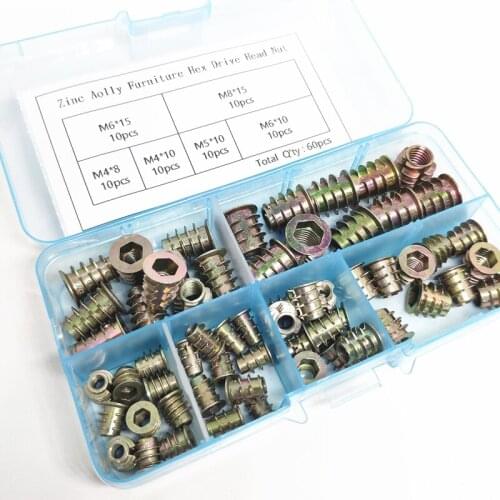 60PCS M4 M5 M6 M8 Zinc Alloy Thread for Wood Insert Nut Flange Hex Socket Head Furniture Nuts Assortment Kit