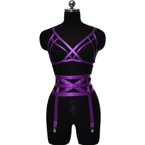 Violet Rave Wear High Waist Garter Body Harness Bra Set Sexy Hollow Fashion Crop Top Body Cage Bondage Goth Suspender Belt