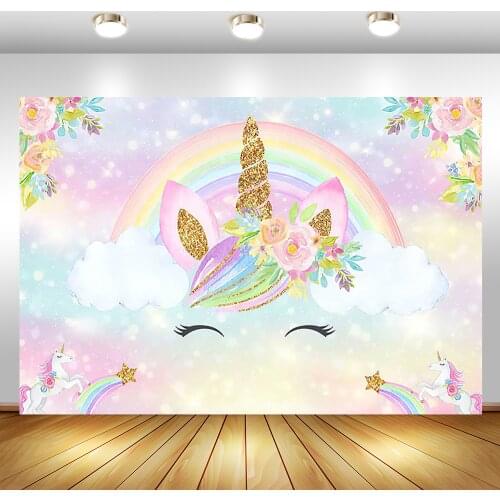 Unicorn Backdrop Rainbow Gold Birthday Photo Backdrop Glitter Bubble Floral Background for Children Birthday Party Decorations