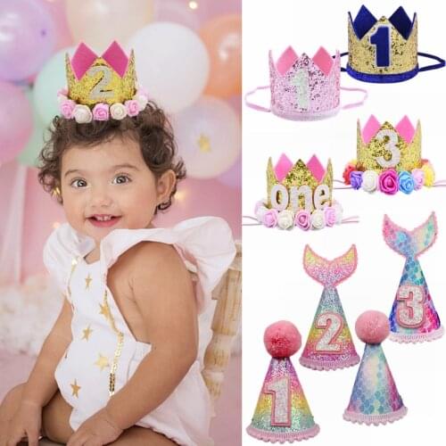 1Pc Kids Birthday Crown Hats Baby Birthday Flower Crown 1/2/3 Years Old Mermaid Tail Caps Baby Shower Party Headband Decorations
