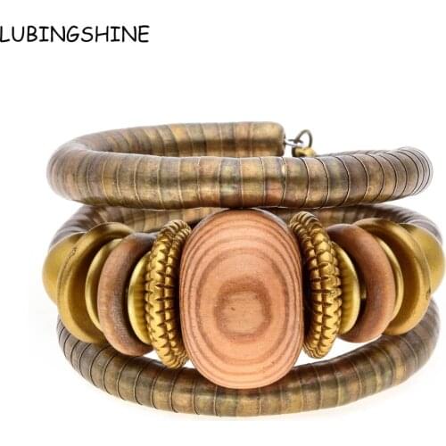 LUBINGSHINE Vintage Multilayer Bracelets Chain Wood Beads Antique Bronze Tone Adjustable Bangles For Women Jewelry B591