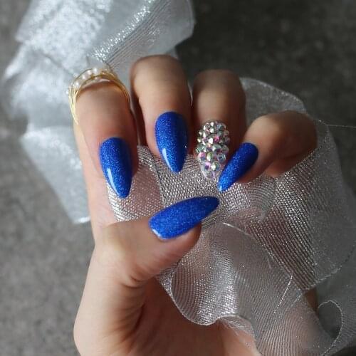 Stiletto UV press on false Nails Black box laser flash blue Fake nails Diamond 24pcs purple wedding nails