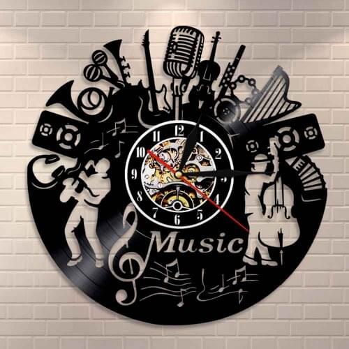 Musical Instruments Wall Decor Musicians Wall Clock Music Band Silhouette Jazz Music Group Vintage Vinyl Record Music Wall Clock