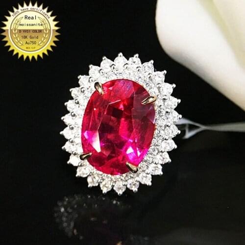 Real 18K Gold ring Lab Created 4ct Ruby and Moissanite Diamond Ring With national certificate Ru-002