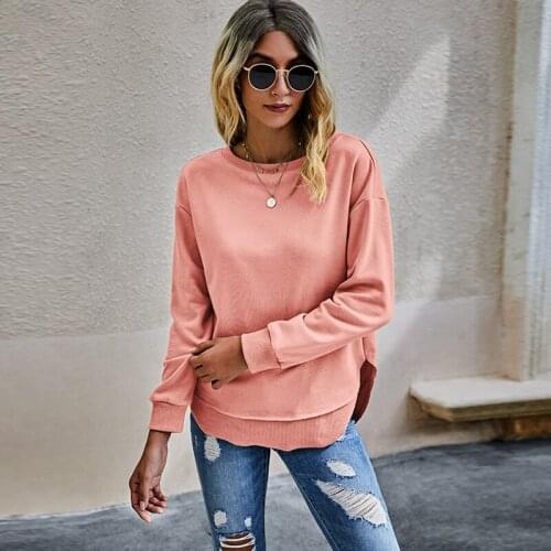 New Autumn Fashion Solid Women Hoodies Casual O Neck Long Sleeve Patchwork Irregular Loose Sweatshirts Ladies Pink Pullover Tops