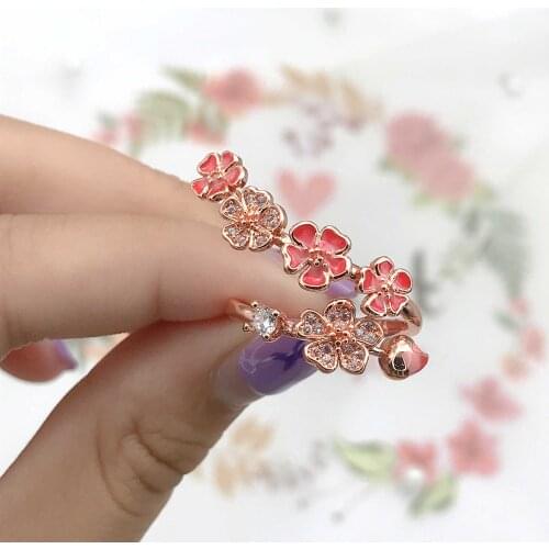 New Trend Flower Rings Exquisite Plum Blossom Enamel Jewelry For Women Wedding Engagement Charm Rose Golden Ring Adjustable Size