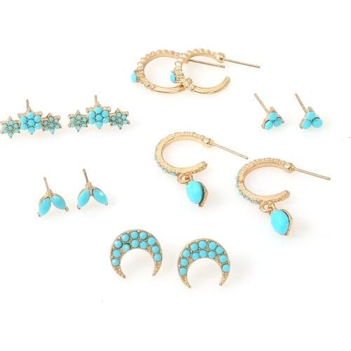 Ocean Sky Blue Acrylic Stud Earrings Set Fashion Star Leaves Stone Ear Clip Wedding Party Jewelry Set for Women Girls 2020