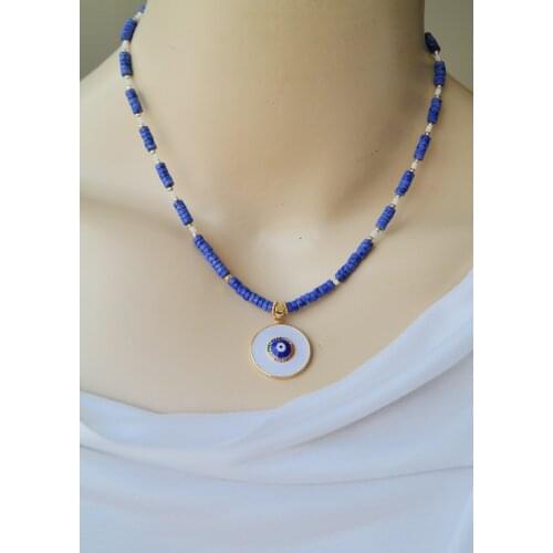 White Enamel Zircon Cubic Zirconia Evil Eye End Blue Varisit Natural Stone Design Necklace