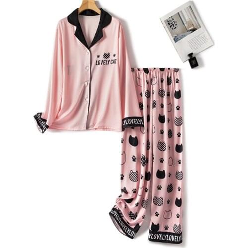 2021 New Trendy 2 Pieces Set Faux Silk Satin Pajama Set Spring Summer Women Sleepwear Long Sleeve Pijama Mujer Nightwear Pyjamas