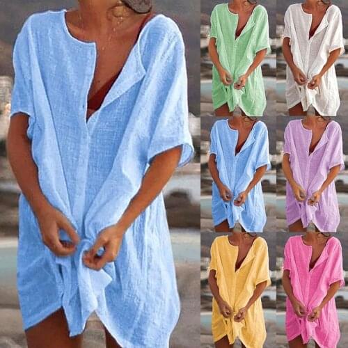Swimsuit Beach Cover Ups Short Sleeve Long Blouse 2021 Summer Casual Loose Solid Color Beach Cover-ups Tunics Plus Size