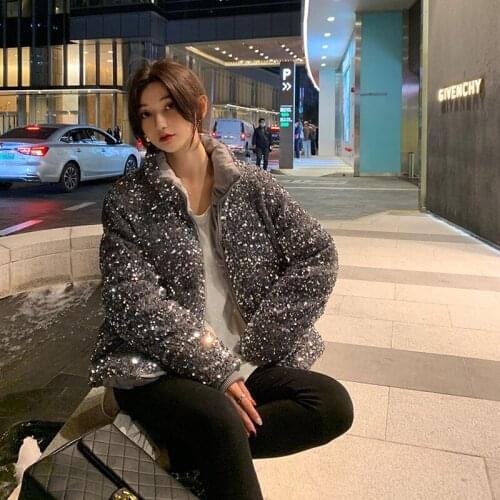 2021 new sequined down jacket womens short white duck down winter warm bread jacket