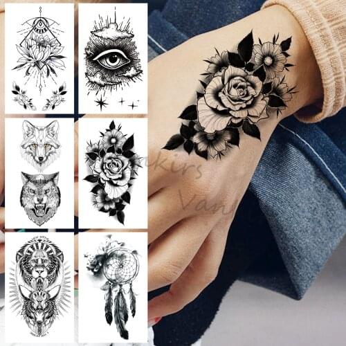 Black Peony Flower Temporary Tattoos For Women Men Realistic Wolf Dream Catcher Eye Fake Tattoo Sticker India Hand Leg Tatoos