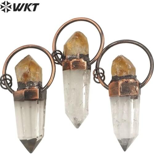 WT-P1681 Amazing Energy yellow citrine quartz pillar pendant women Antique copper crystal quartz point stone pendant