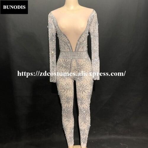 ZD274 Women Sexy Net Yarn Jumpsuit Full Of Sparkling Crystals Bodysuit Fashion Show Nightclub Party Birthday Stage Wear Customes