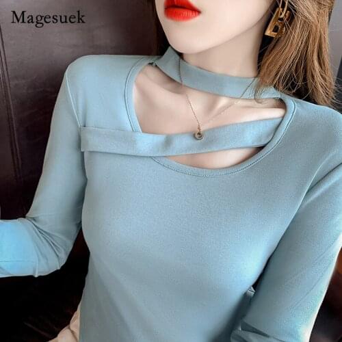 Casual Hollow Out Halter Clothing 2021 Autumn Women New T-shirt Solid Cotton O-neck Long Sleeve T-shirt for Women Blusas 16504