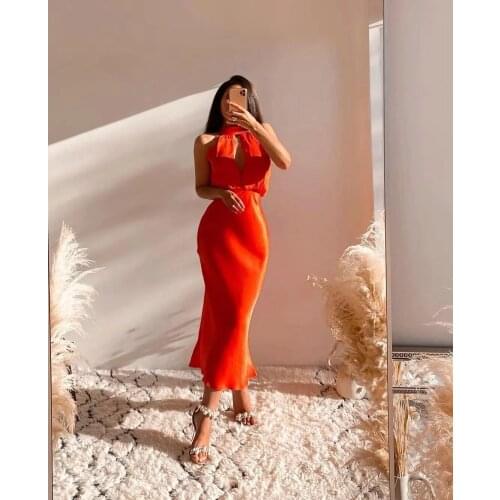 Za Dress Women 2021 Orange Satin Dress Woman Summer Long Dresses Cut Out Sleeveless Backless Sexy Female Midi Dresses