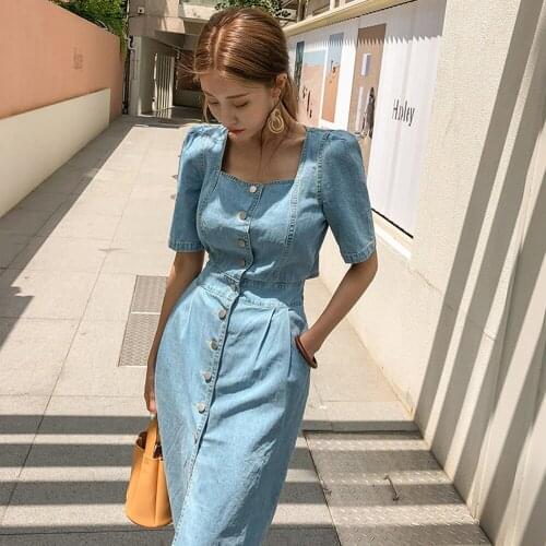 2021 New Women Denim Dress Summer Vintage High Elastic Waist Hollow Out Sexy backless Single-breasted Street Fashion Long Dress